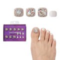Gold Finger Glitzy 3D Press-On Toenails in Crown Jewels – Wider Fit Fake Toes, Champagne Gold with Full Emerald-Cut Central Gem & Pavé Rhinestones, Luxury Glue On Pedicure, 24 Pc Kit - GF Handmade Toenails - Crown Jewels official pack