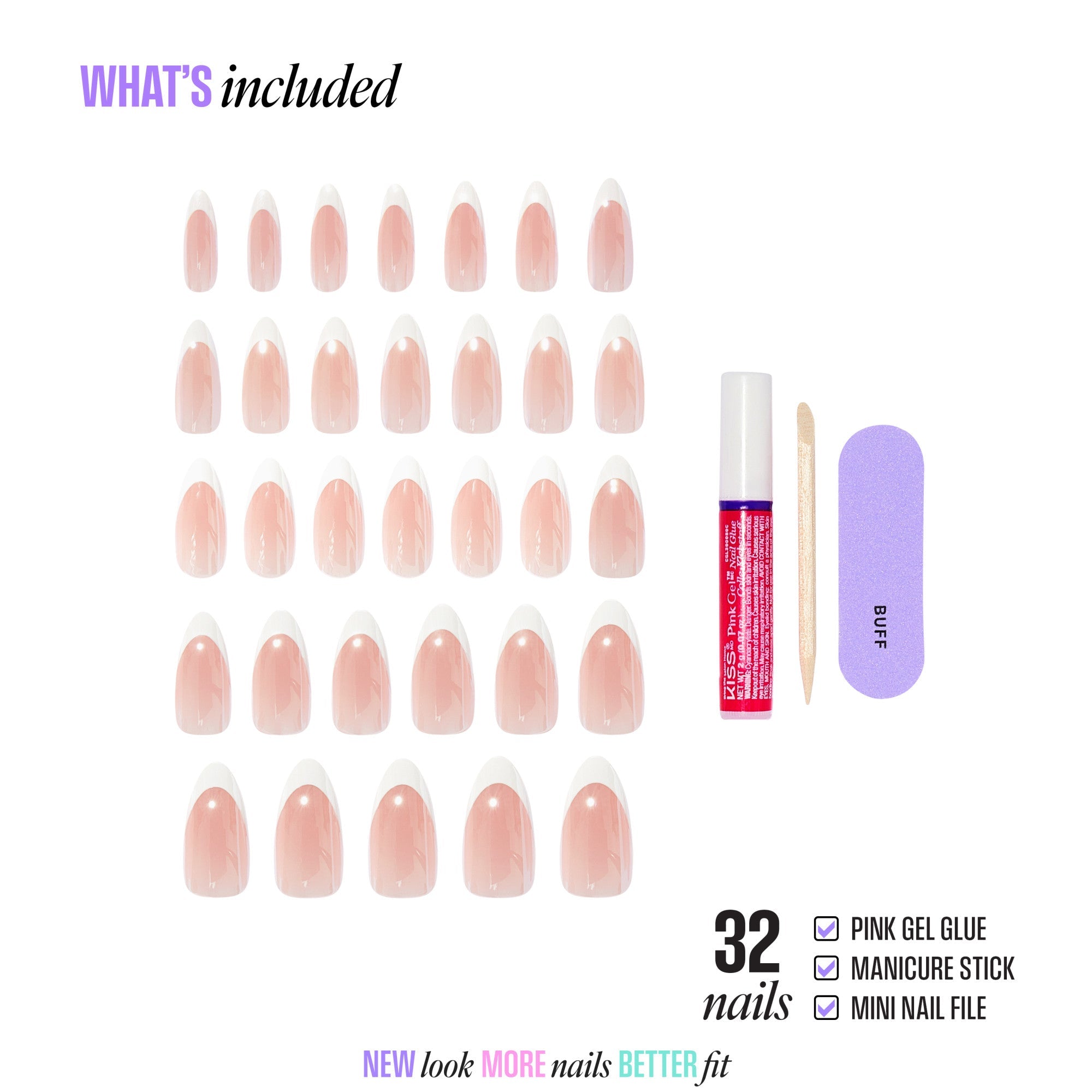 Kiss Core French Press On Fake Glue Nails - Fascinating | French Tips, White, Long, Almond official pack