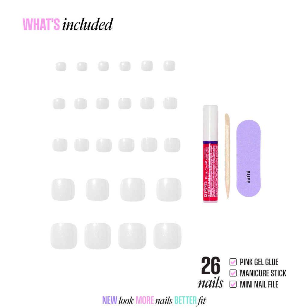 Kiss Glam Press On Fake Glue Toenails - Twinkle Toes | Solid, White, Short, Squoval, Pedicure official pack