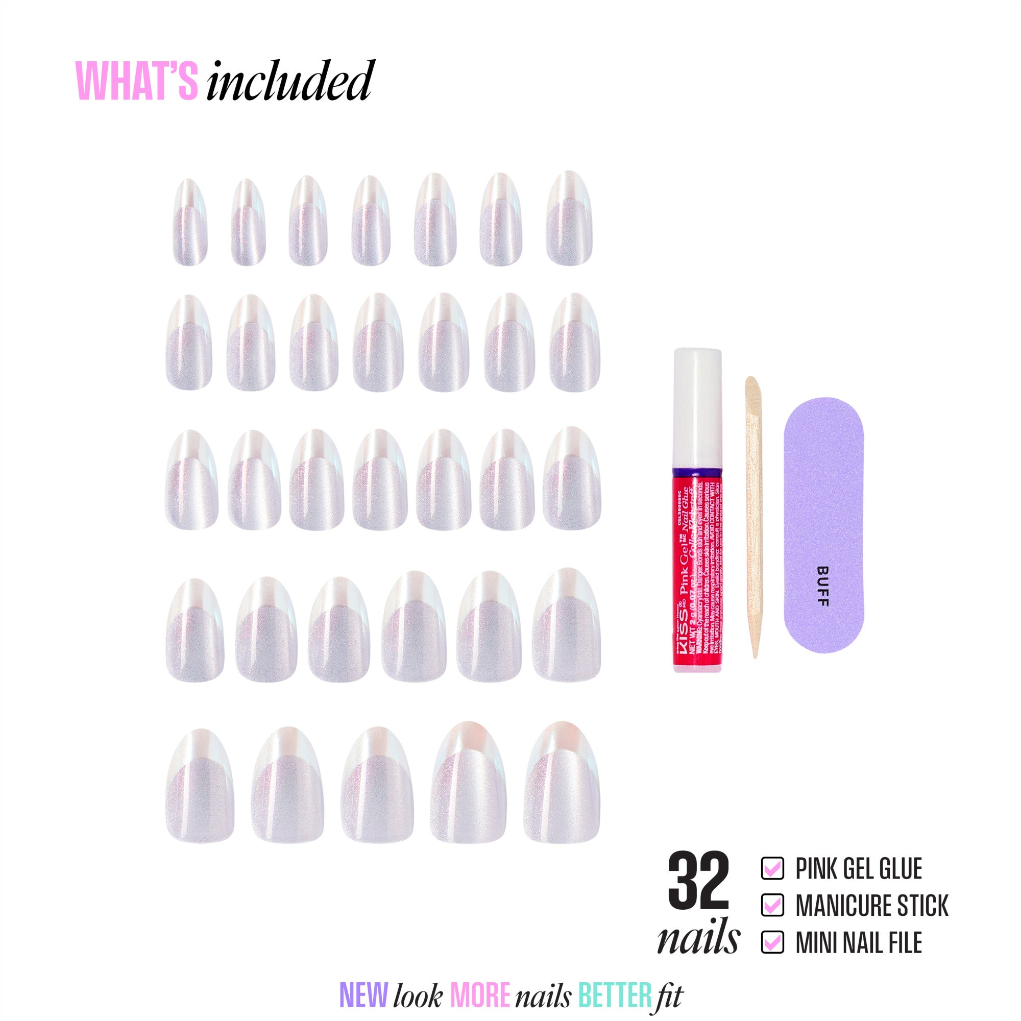 Kiss Glam Embellished Press On Fake Glue Nails - Fairy Tale | Design, Metallic Pink, Medium, Almond official pack