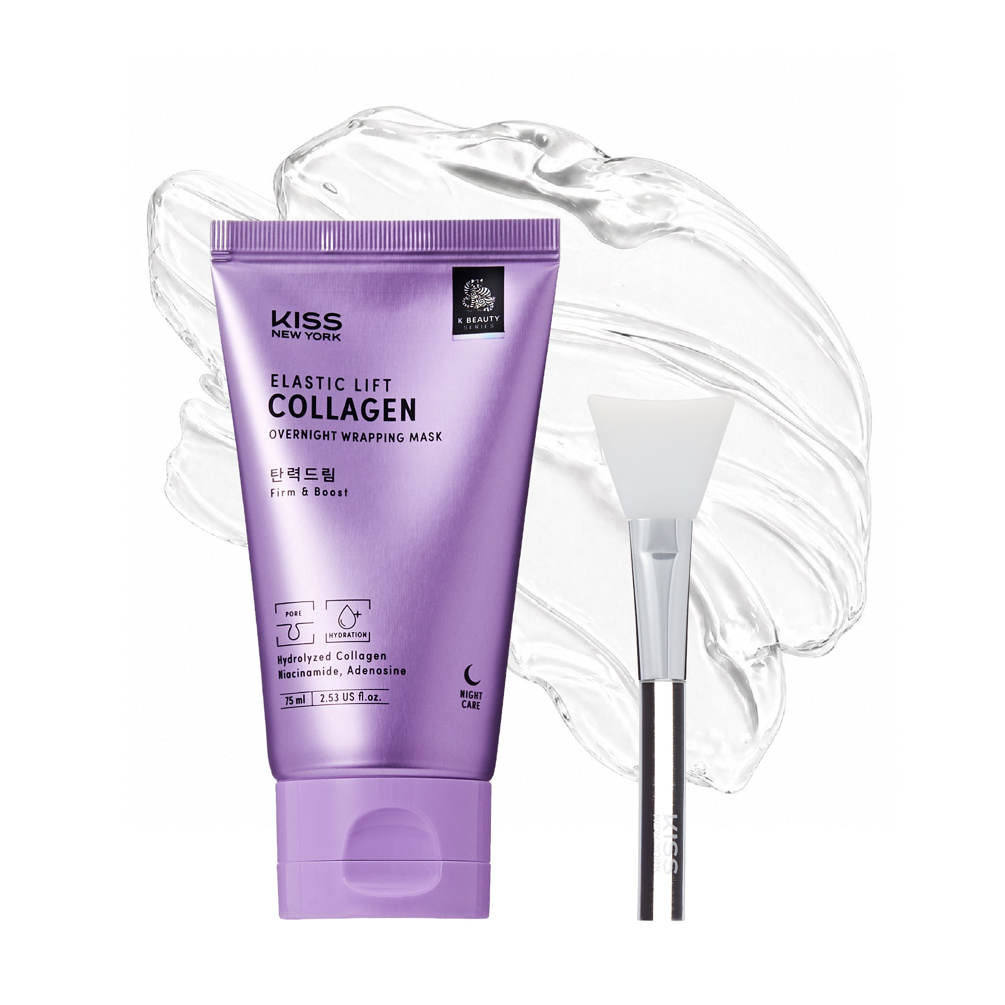 KISS NEW YORK Elastic Lift Collagen Overnight Wrapping Mask - Pore Firming & Plumping Peel-Off Sleep Mask with Niacinamide (Includes Brush) - KNY Collagen Overnight Wrapping Mask official pack