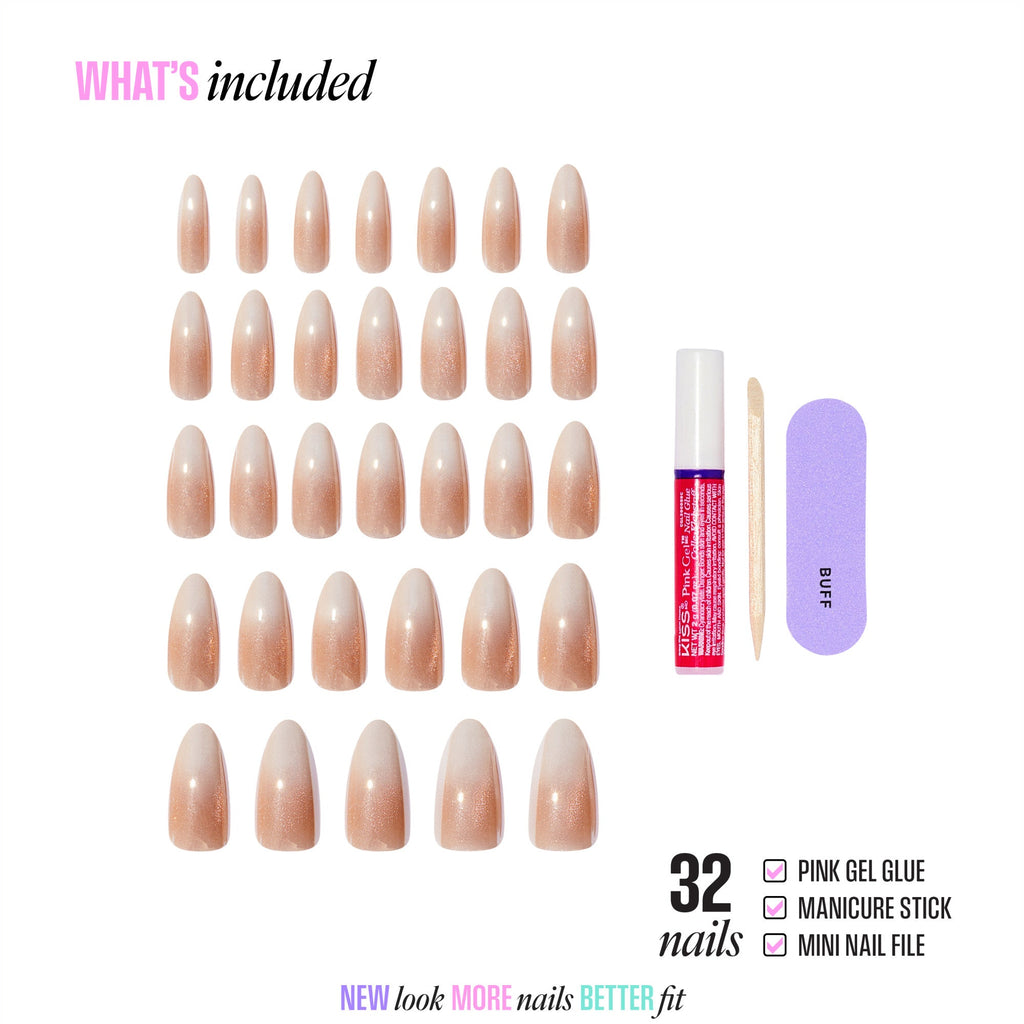 Kiss Glam Embellished Press On Fake Glue Nails - Day n Night | Design, Beige & White, Long, Almond official pack