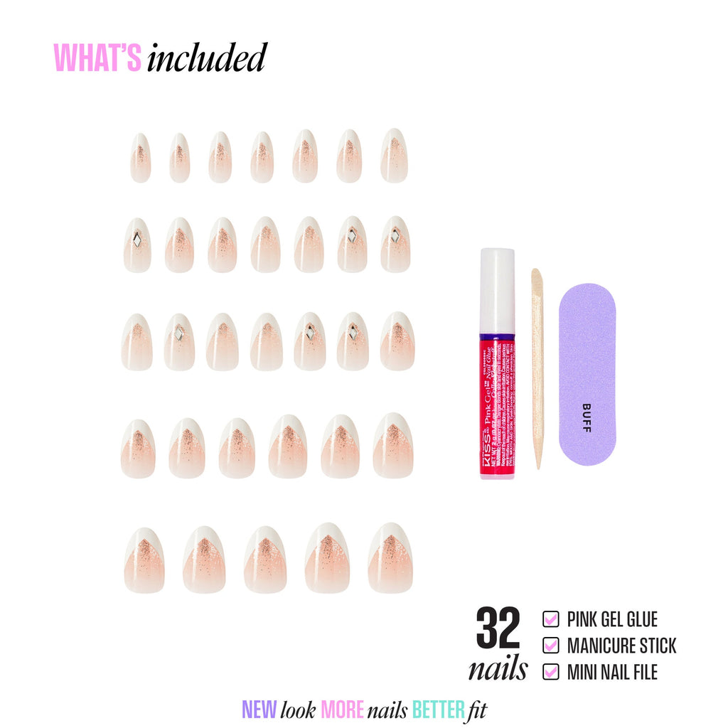 Kiss Glam 3D & Jewel Press On Fake Glue Nails  - Applause | 3D & Jewel French Design, White, Medium, Almond official pack