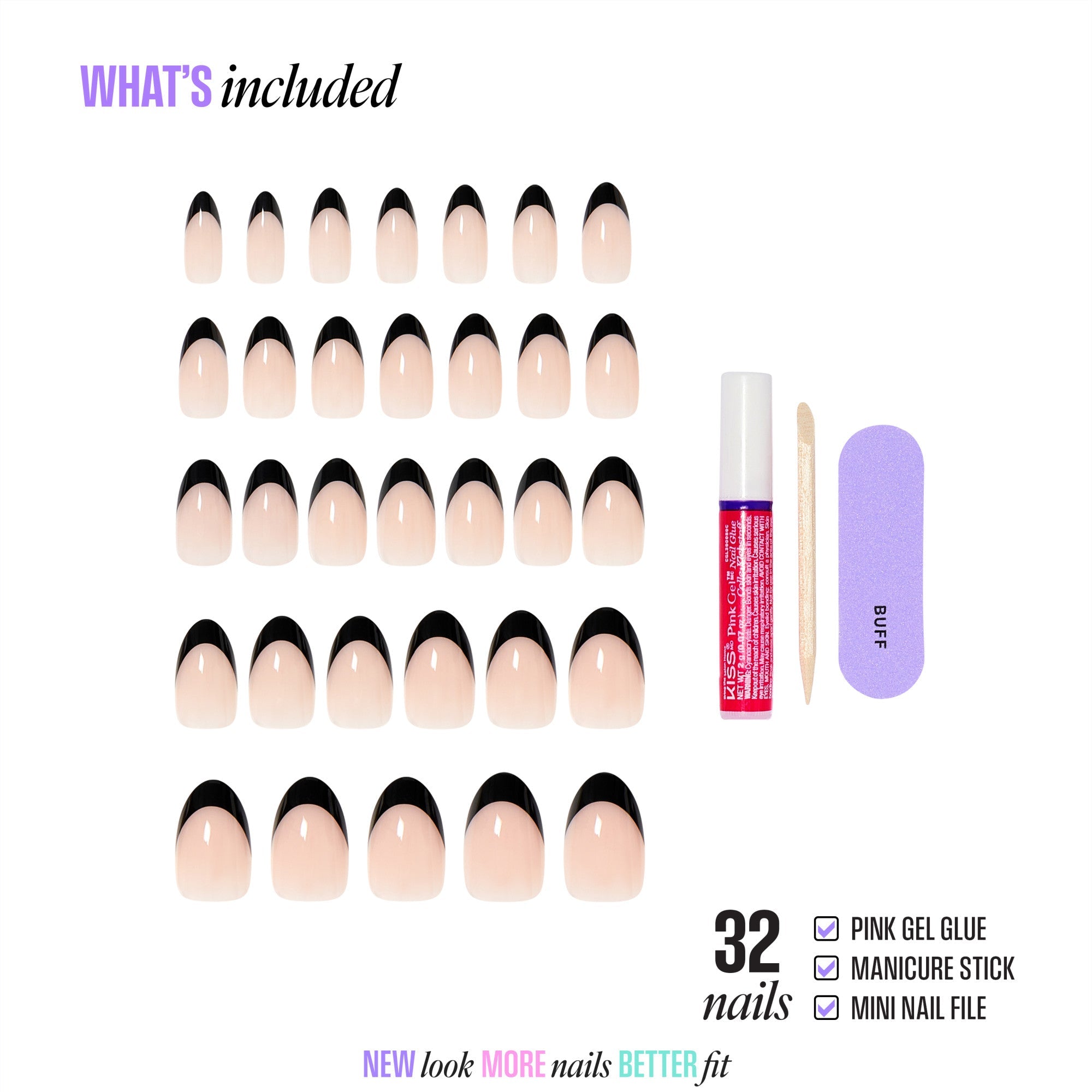 Kiss Core French Press On Fake Glue Nails - Full of Fun | French Tips, Black, Medium, Almond official pack