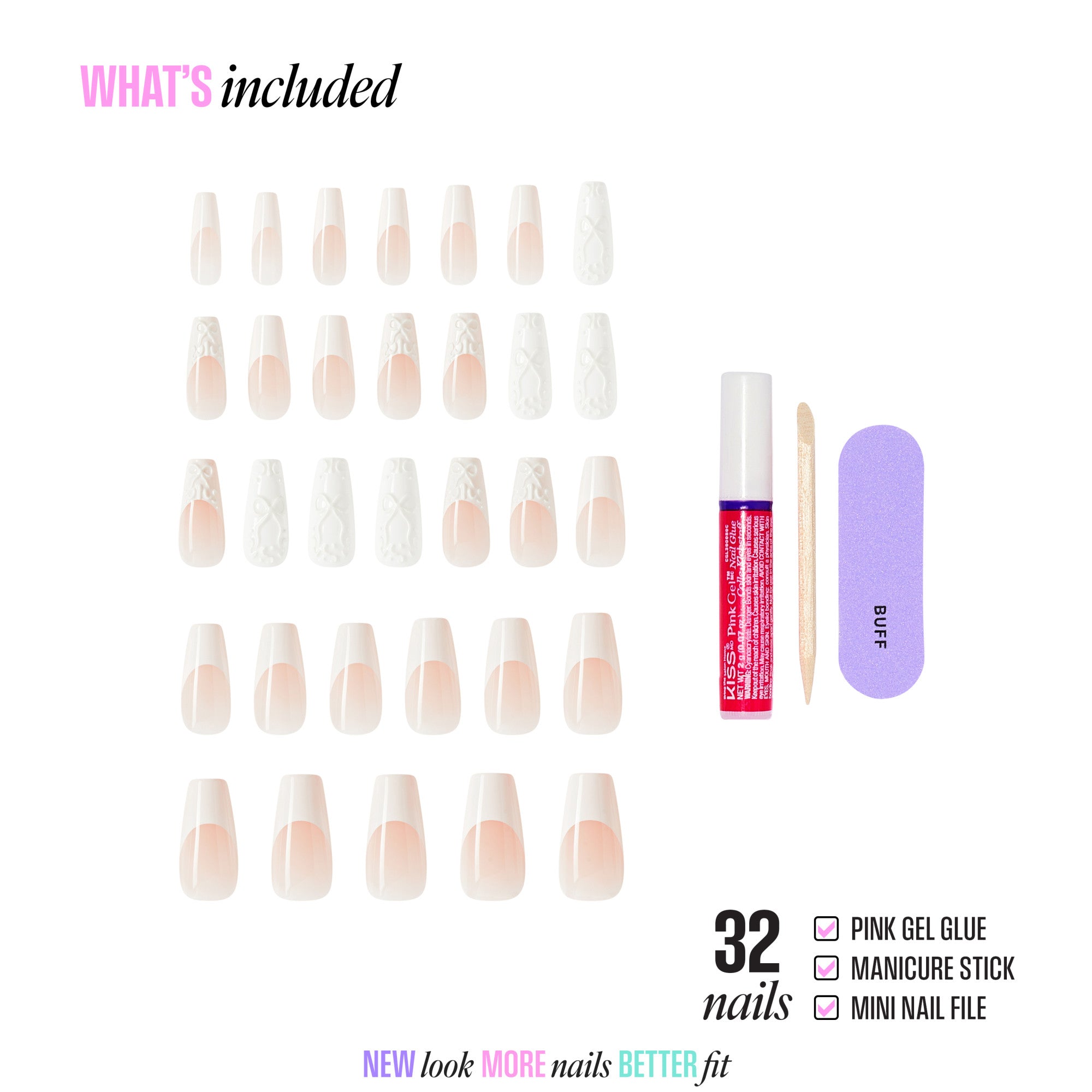 Kiss Glam 3D & Jewel Press On Fake Glue Nails  - Breath of Harmony | French, White, Long, Coffin official pack