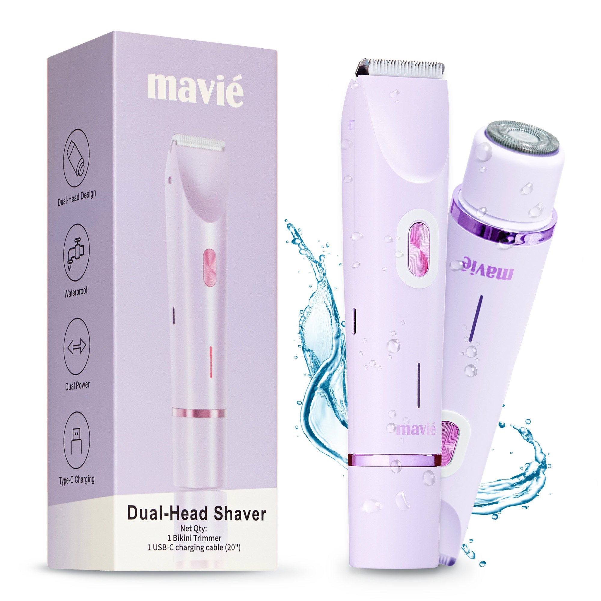 Mavié Dual-Head Bikini Trimmer For Women - Painless Electric Razor For Face & Body, Cordless Wet & Dry Shaver, IPX7 Waterproof, Type-C Rechargeable official pack