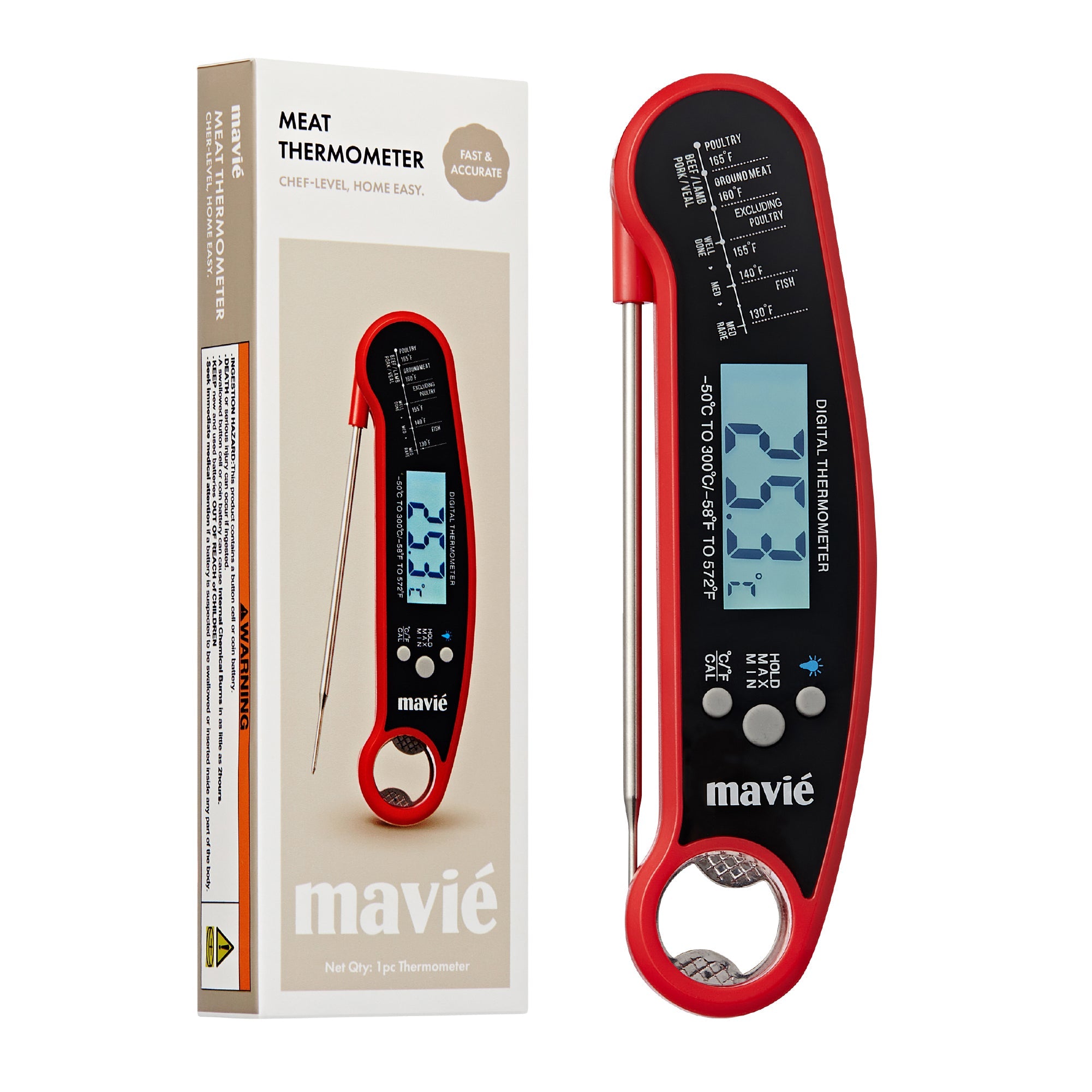 Mavié Instant Read Meat Thermometer - Waterproof Digital Food Thermometer for BBQ, Grill & Kitchen with Built-in Bottle Opener official pack