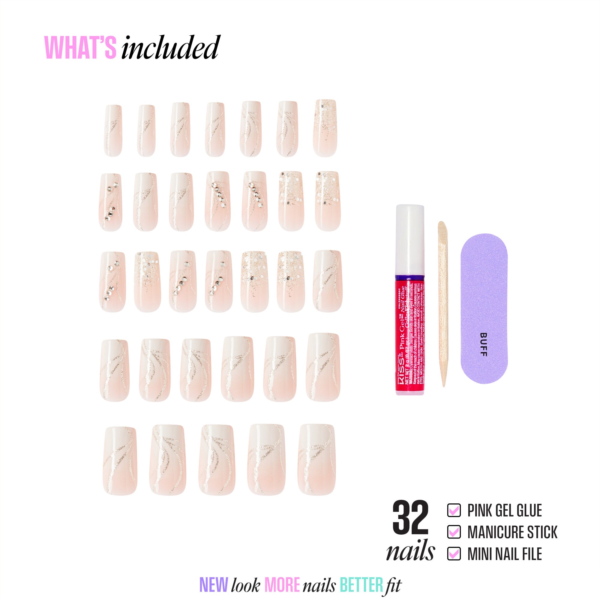 Kiss Glam 3D & Jewel Press On Fake Glue Nails  - Wrapped in Beauty | 3D & Jewel French Design, White, Long, Square official pack