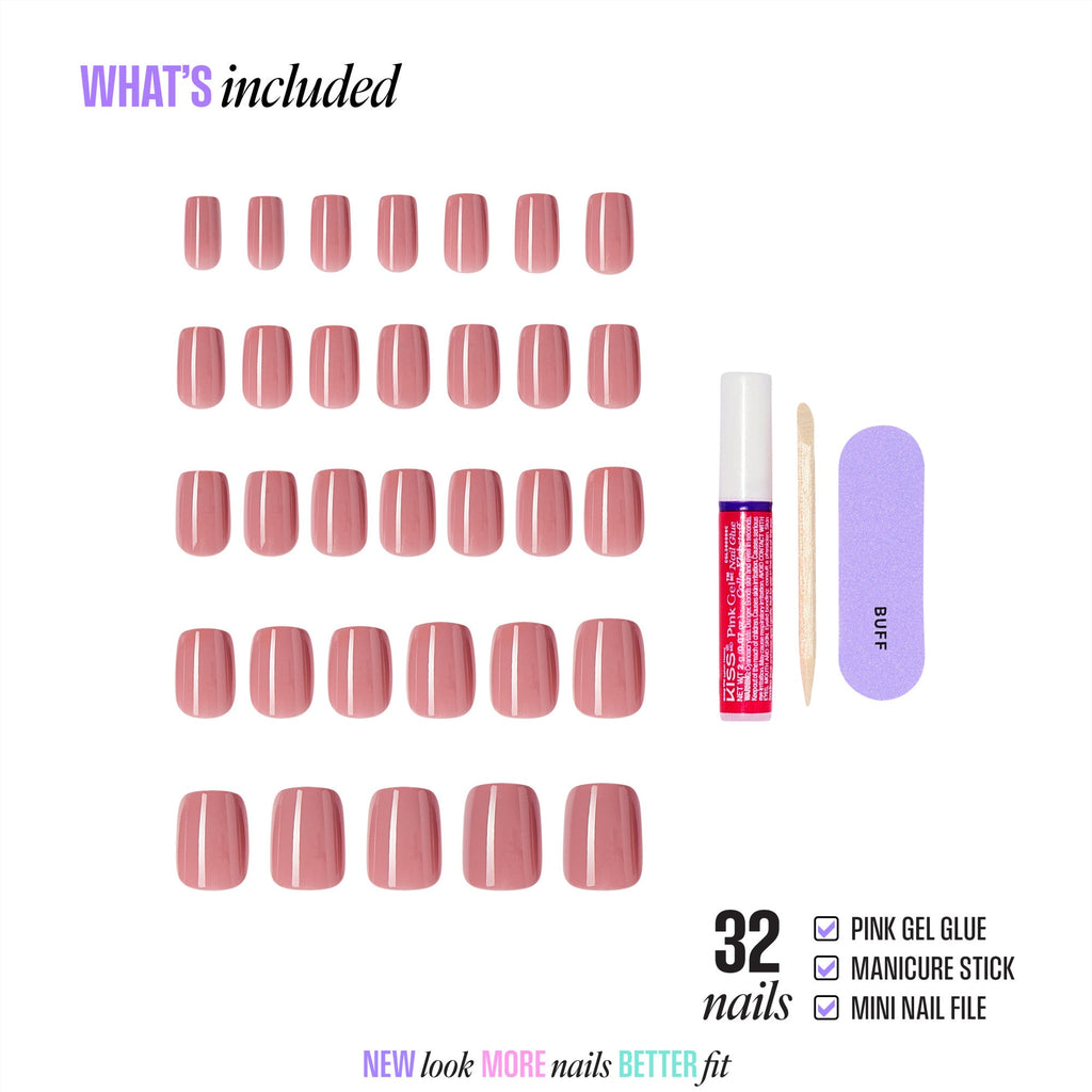 Kiss Core Color Press On Fake Glue Nails - Felicity | Solid, Pink, Short, Squoval official pack
