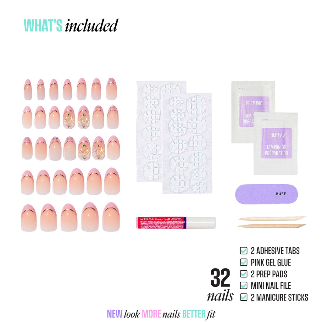 Kiss Icon Press On Fake Glue Nails - Vibrant | 3D & Jewel French, Pink, Medium, Almond official pack