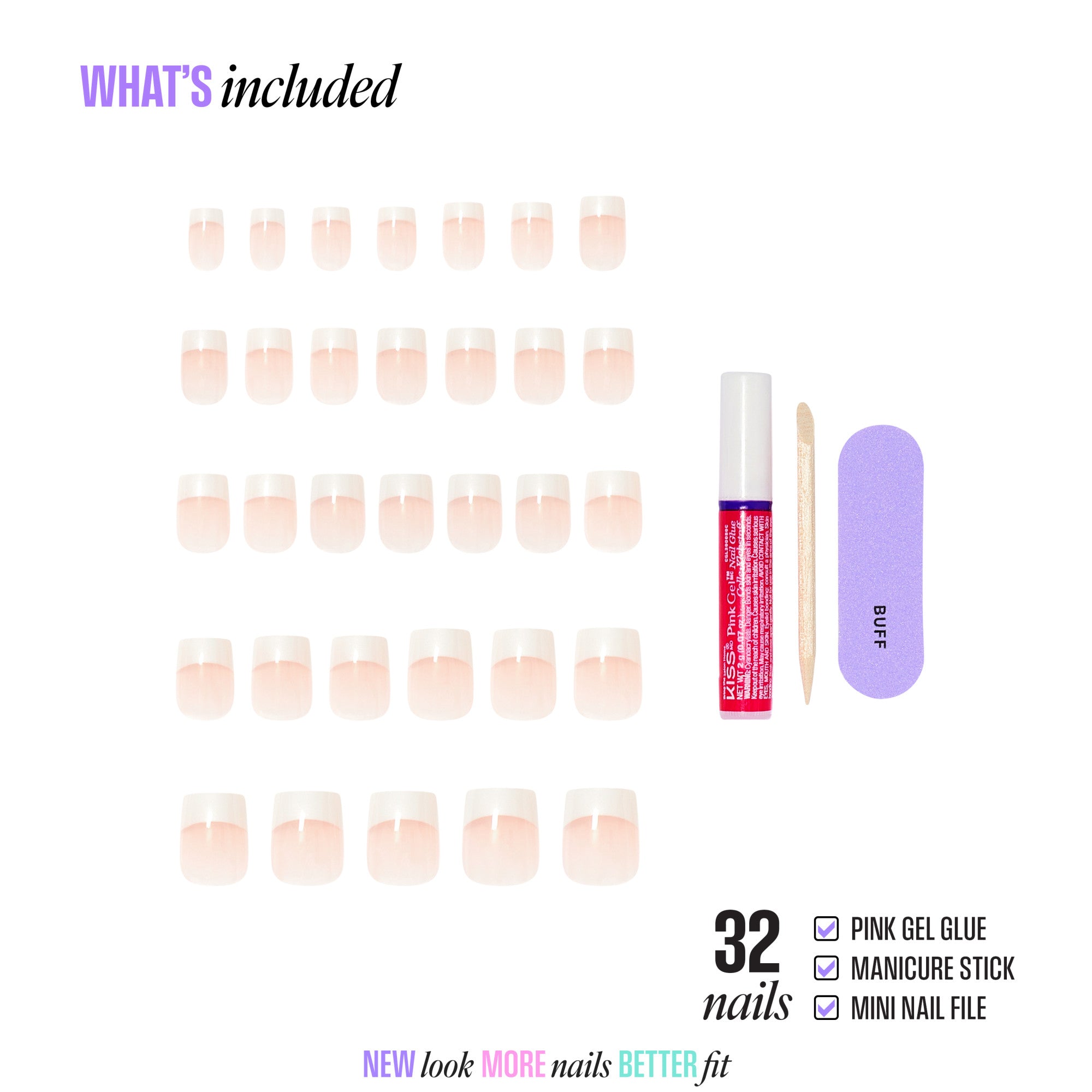 Kiss Core French Press On Fake Glue Nails - I Wish | French Tips, White, Real Short, Square official pack