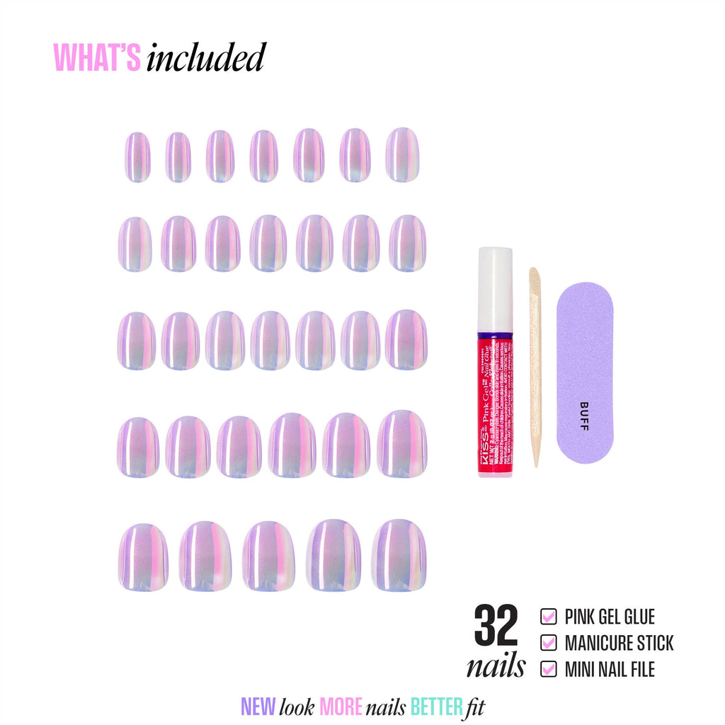 Kiss Glam Embellished Press On Fake Glue Nails - One n Only | Design, Pink & Purple, Short, Round official pack