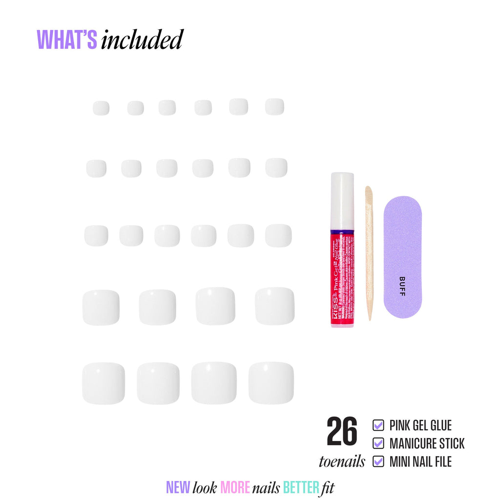 Kiss Core Color Press On Fake Glue Toenails - Toe-tally Yours | Solid, White, Short, Squoval, Pedicure official pack