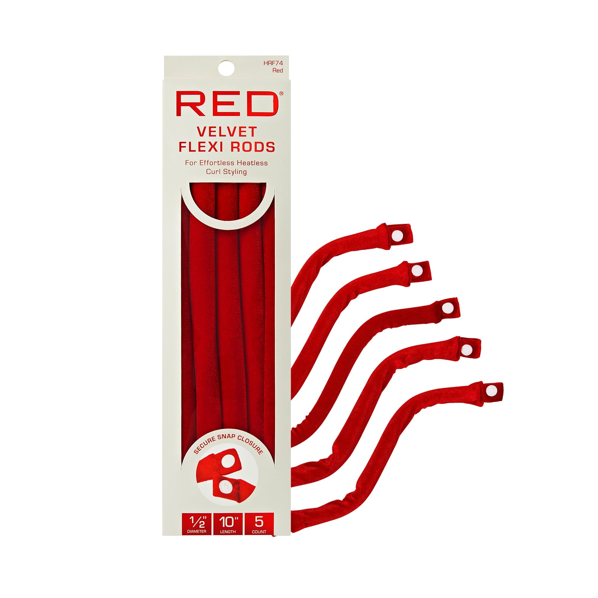 RED by KISS Heatless Curling Velvet Flexi Rods with Snap Closure - Red (1/2") 5pc official pack