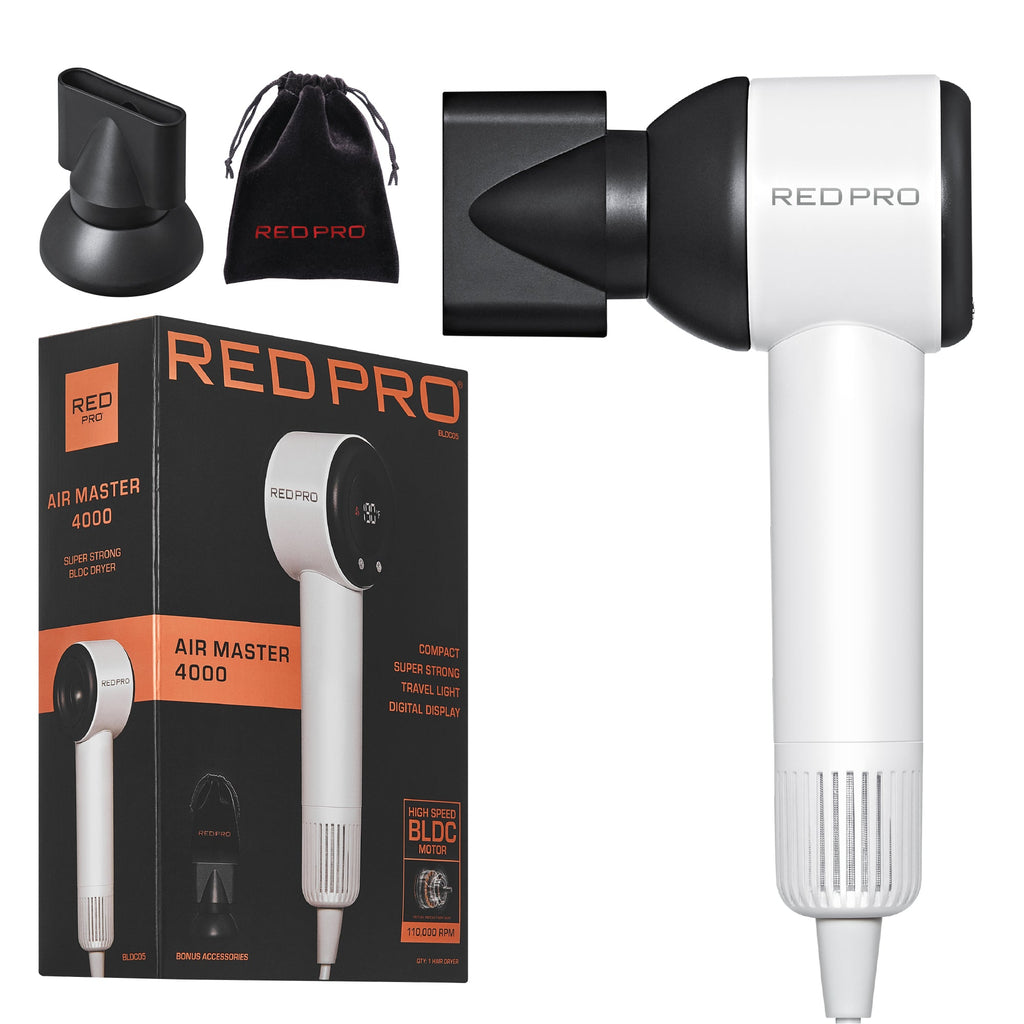 RED PRO Air Master 4000 Compact Hair Dryer - 110,000 RPM High-Speed BLDC Motor, Smart Memory Function, Digital Display & Super Strong Airflow (Includes Travel Pouch & Nozzle) - White official pack