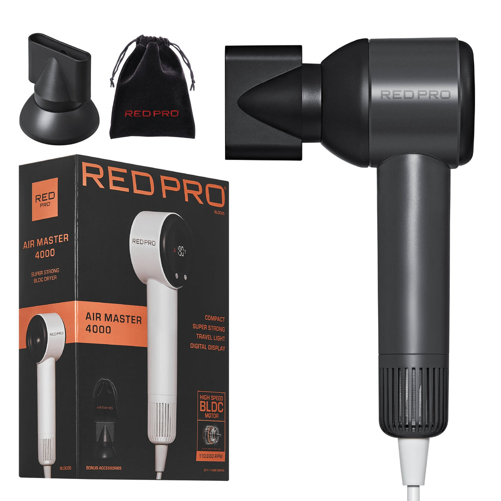 RED PRO Air Master 4000 Compact Hair Dryer - 110,000 RPM High-Speed BLDC Motor, Smart Memory Function, Digital Display & Super Strong Airflow (Includes Travel Pouch & Nozzle) - Black official pack