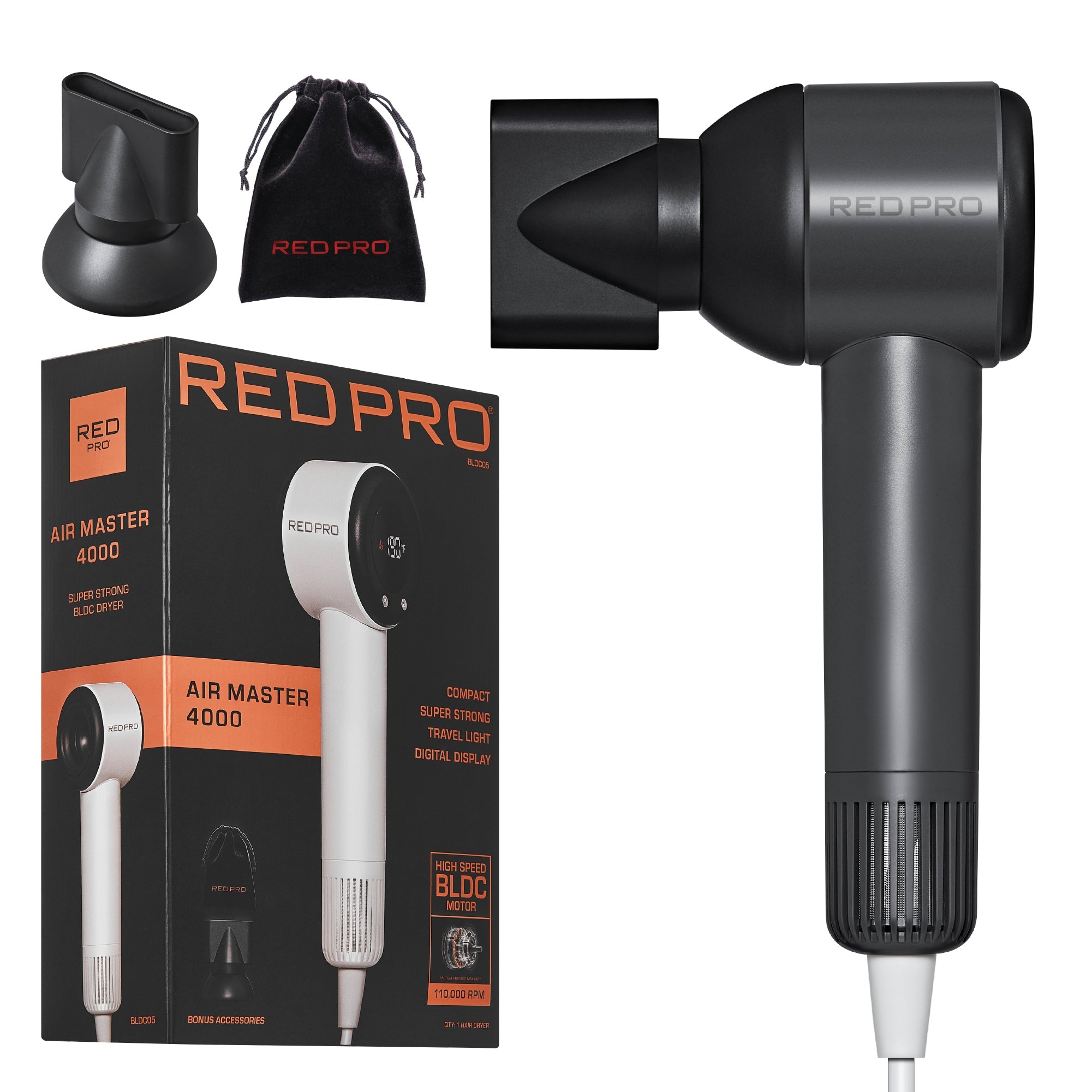 RED PRO Air Master 4000 Compact Hair Dryer - 110,000 RPM High-Speed BLDC Motor, Smart Memory Function, Digital Display & Super Strong Airflow (Includes Travel Pouch & Nozzle) - Black official pack