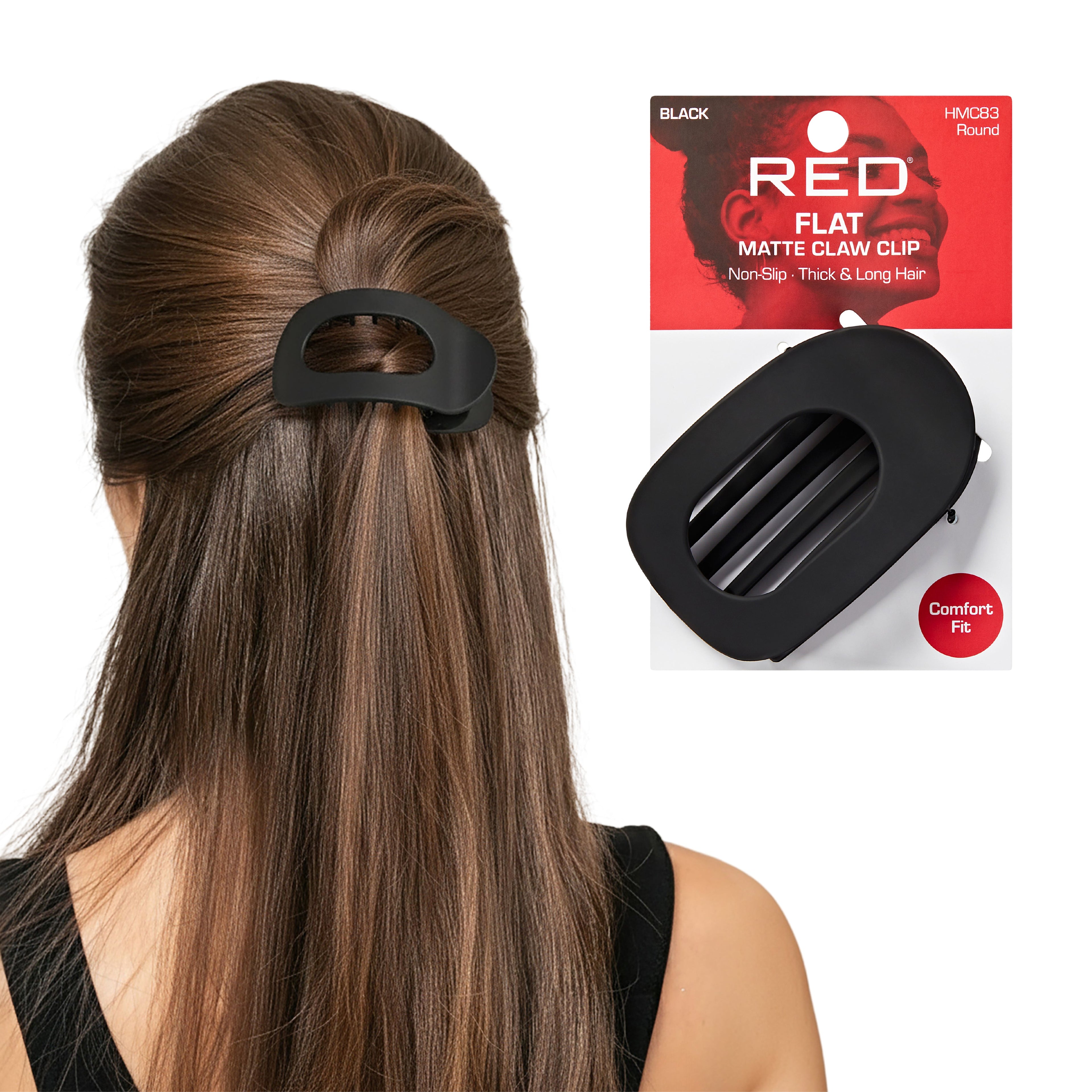 RED By Kiss Flat Matte Hair Claw Clip - Lay-Flat Design for Lying Down & Driving, Non-Slip Strong Hold - Round official pack