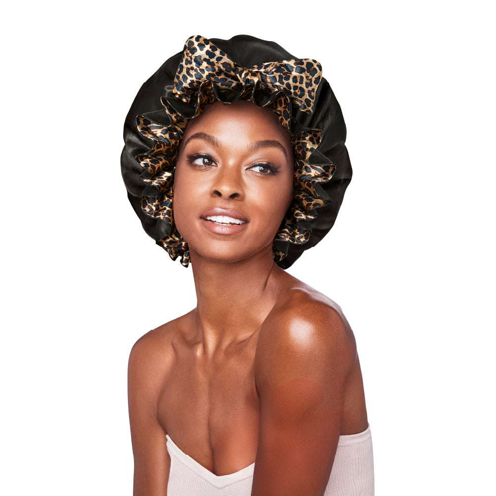 Red by Kiss Premium Ruffle Tie Bonnet Reversible Double-Layered Satin Sleep Cap Adjustable Anti-Breakage Hair Wrap for Curls, Braids, Locs & Natural Hair - Black/Leopard / X-Large official pack