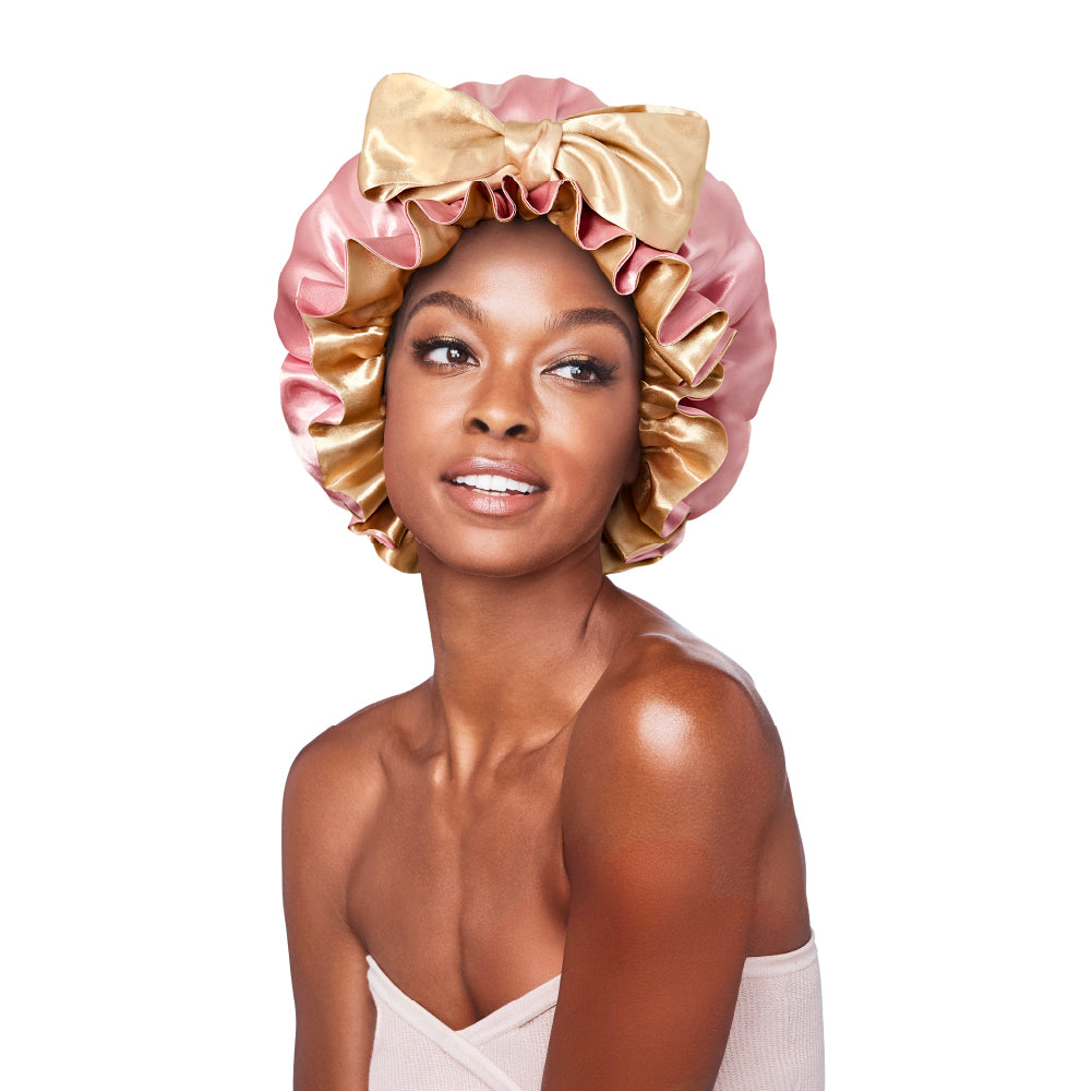 Red by Kiss Premium Ruffle Tie Bonnet Reversible Double-Layered Satin Sleep Cap Adjustable Anti-Breakage Hair Wrap for Curls, Braids, Locs & Natural Hair - Baby Pink/Cream / X-Large official pack