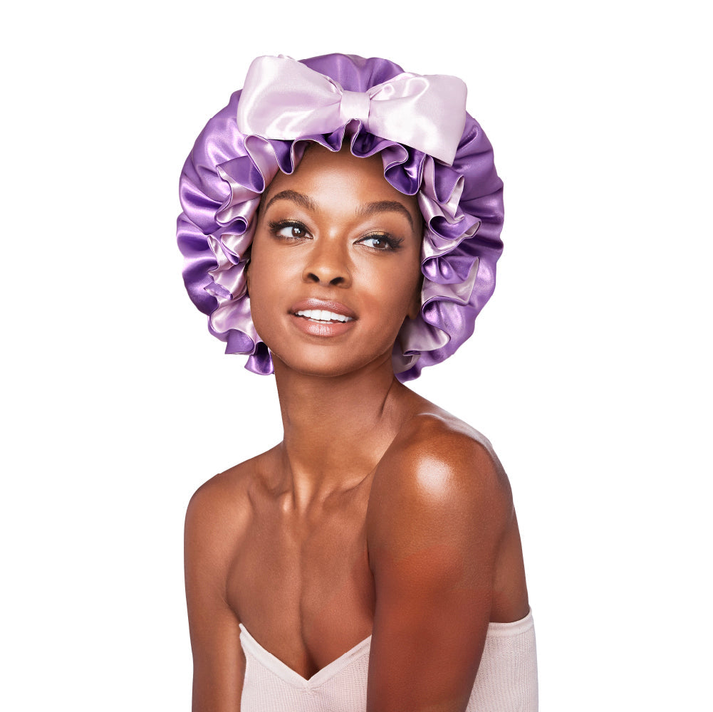 Red by Kiss Premium Ruffle Tie Bonnet Reversible Double-Layered Satin Sleep Cap Adjustable Anti-Breakage Hair Wrap for Curls, Braids, Locs & Natural Hair - Lavender/Lilac / X-Large official pack