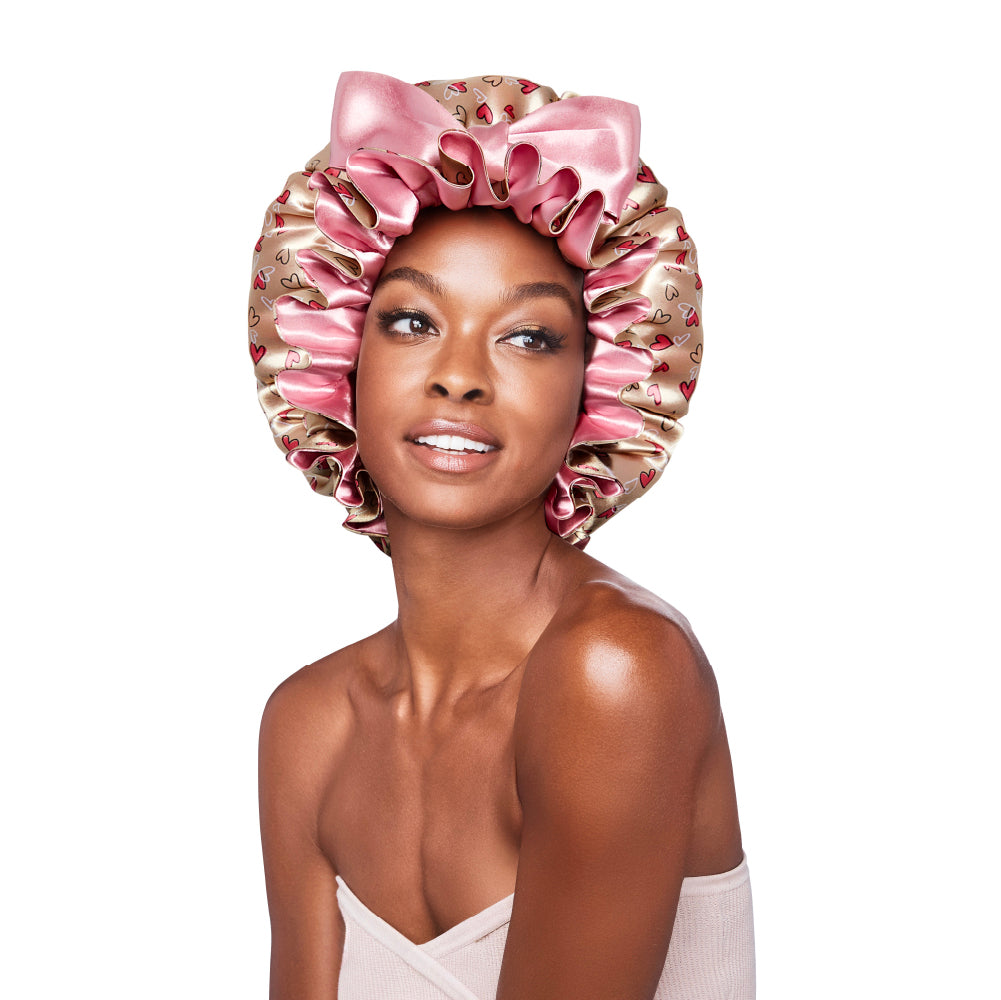 Red by Kiss Premium Ruffle Tie Bonnet Reversible Double-Layered Satin Sleep Cap Adjustable Anti-Breakage Hair Wrap for Curls, Braids, Locs & Natural Hair - Hearts/Baby Pink / X-Large official pack