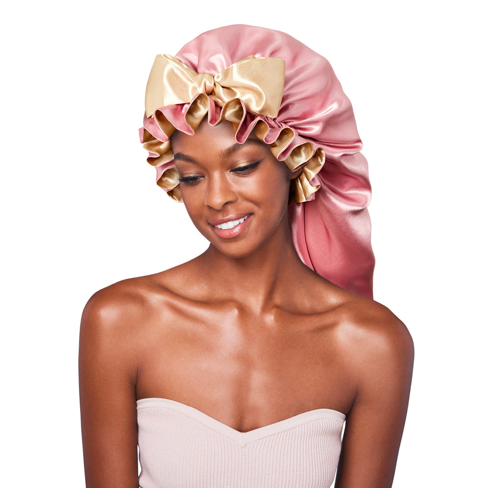 Red by Kiss Premium Ruffle Tie Bonnet Reversible Double-Layered Satin Sleep Cap Adjustable Anti-Breakage Hair Wrap for Curls, Braids, Locs & Natural Hair - Baby Pink/Cream / Briad official pack
