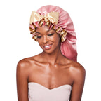 Red by Kiss Premium Ruffle Tie Bonnet Reversible Double-Layered Satin Sleep Cap Adjustable Anti-Breakage Hair Wrap for Curls, Braids, Locs & Natural Hair - Baby Pink/Cream / Briad official pack