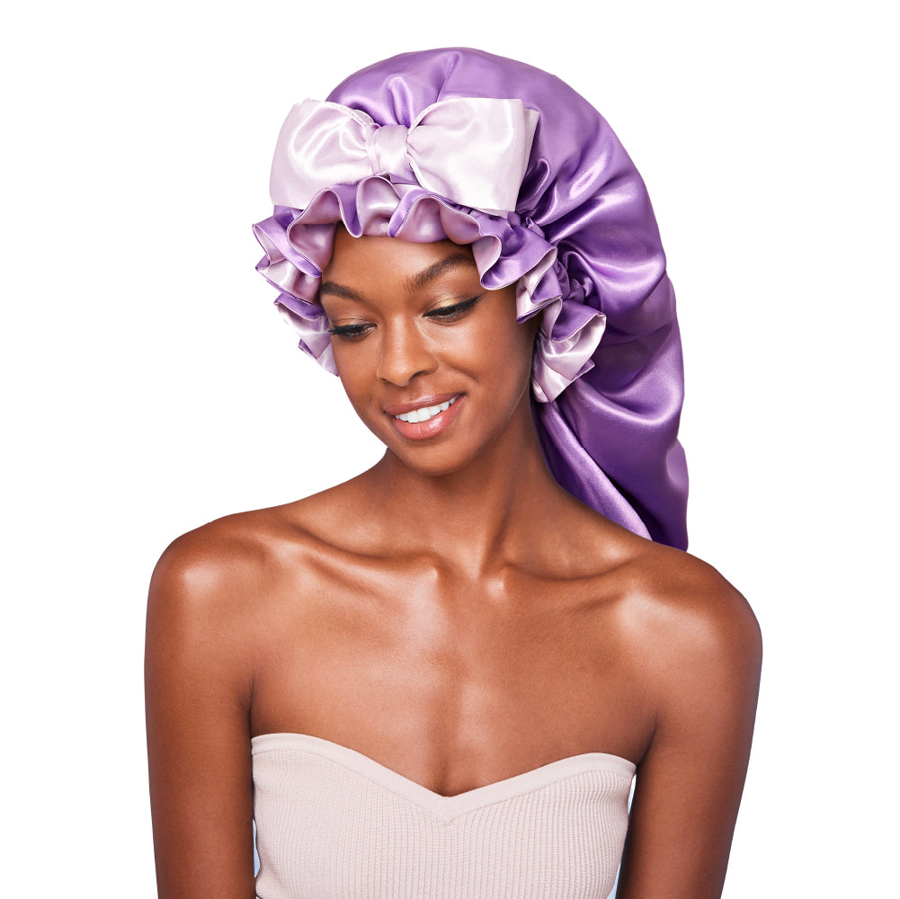 Red by Kiss Premium Ruffle Tie Bonnet Reversible Double-Layered Satin Sleep Cap Adjustable Anti-Breakage Hair Wrap for Curls, Braids, Locs & Natural Hair - Lavender/Lilac / Briad official pack