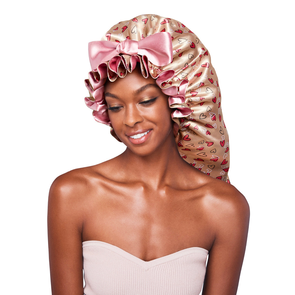 Red by Kiss Premium Ruffle Tie Bonnet Reversible Double-Layered Satin Sleep Cap Adjustable Anti-Breakage Hair Wrap for Curls, Braids, Locs & Natural Hair - Hearts/Baby Pink / Briad official pack