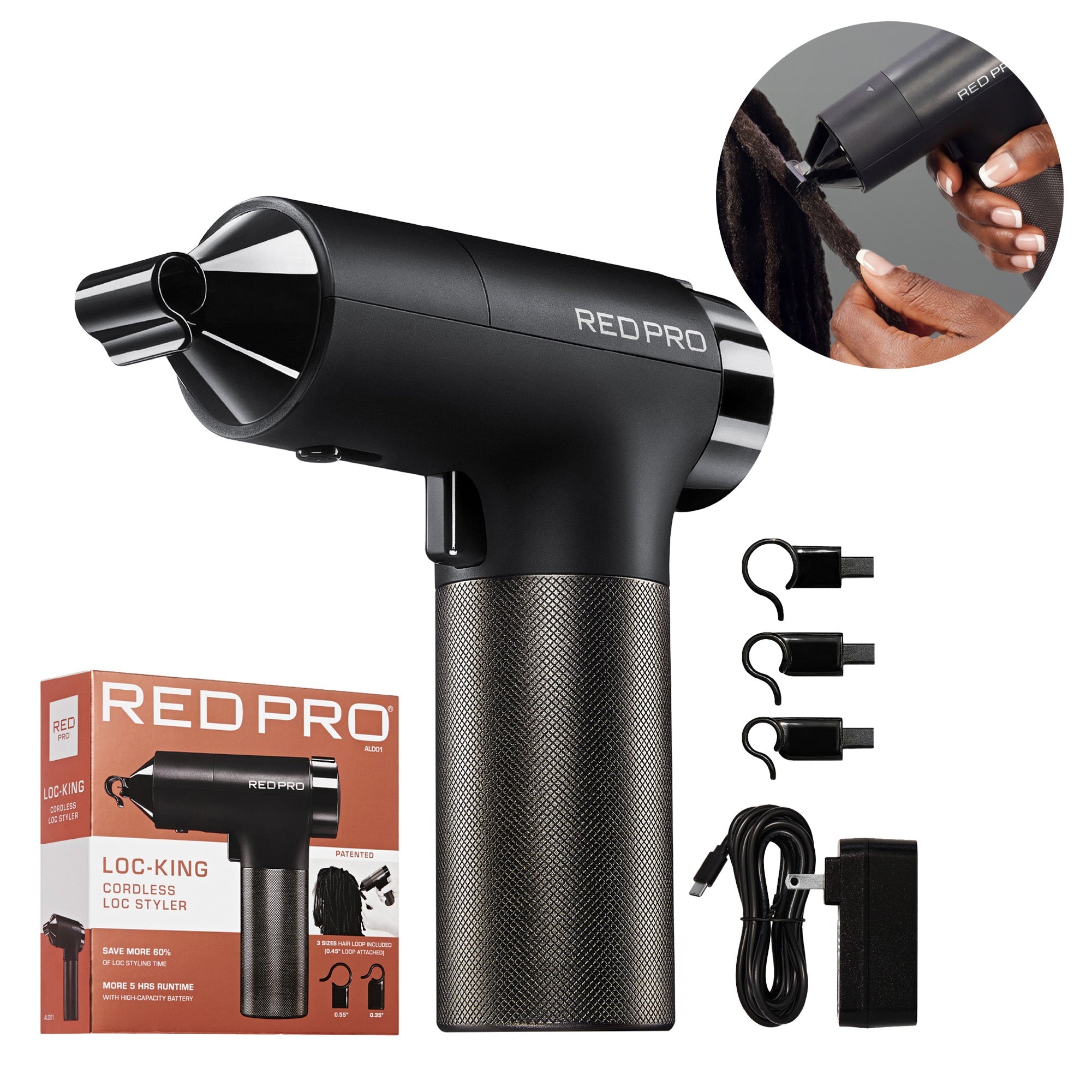 Red PRO LOC-KING Cordless Auto Loc Styler - Internationally PATENTED, World’s First & Fastest - RED PRO AutoLoc Device official pack