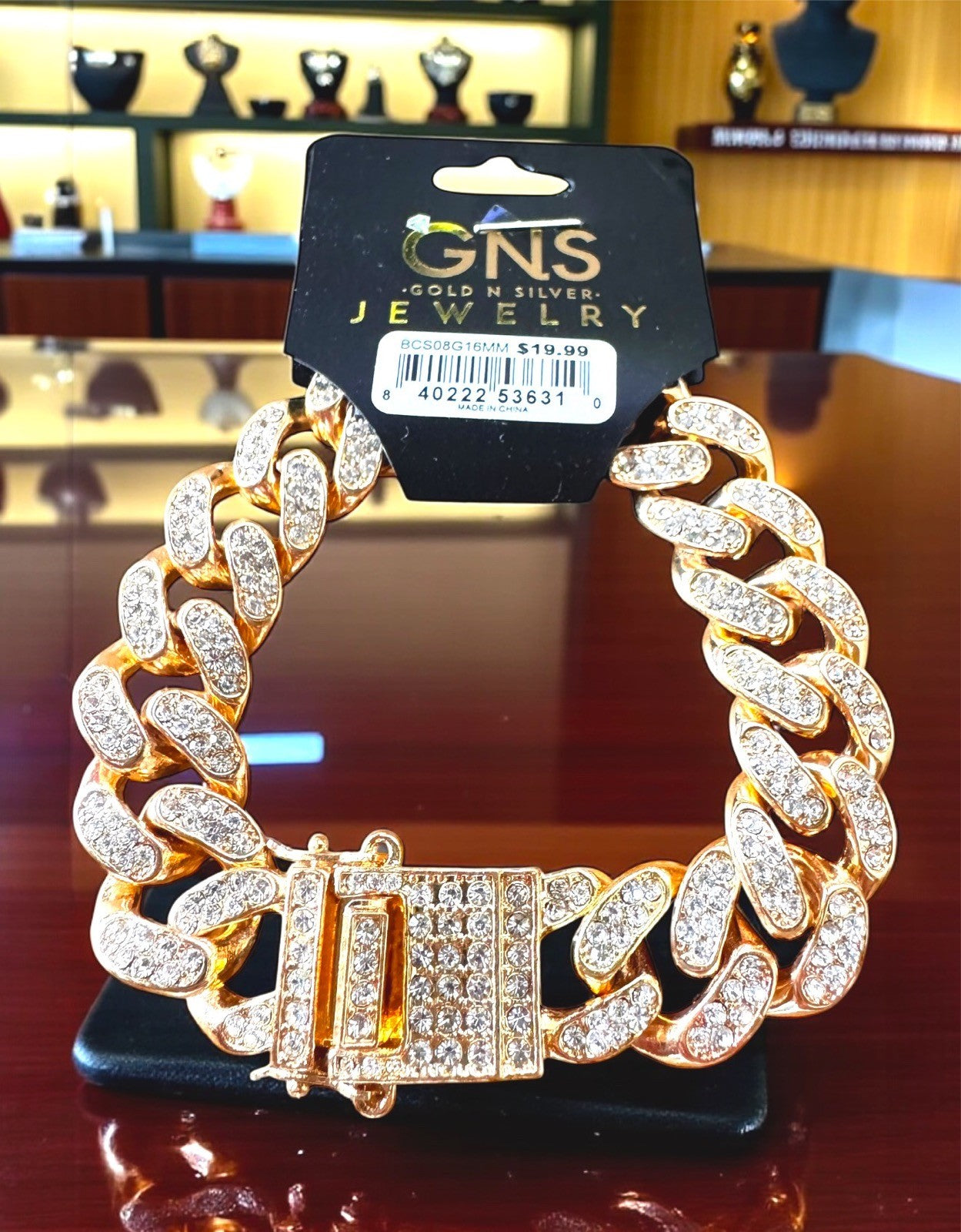 Nwt Designer Gns Gold-tone Finish Pave Rhinestone Cuban Curb Chain 8" Bracelet