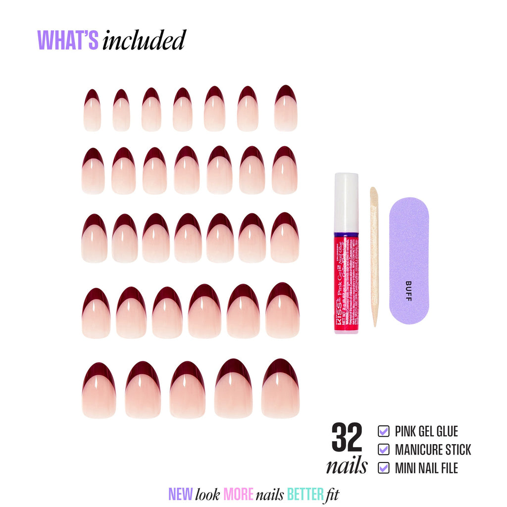 Kiss Core French Press On Fake Glue Nails - Cheerful | French Tips, Red, Medium, Almond official pack