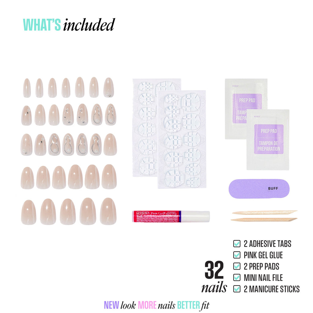 Kiss Icon Press On Fake Glue Nails - Terrific | 3D & Jewel Design, White, Medium, Almond official pack