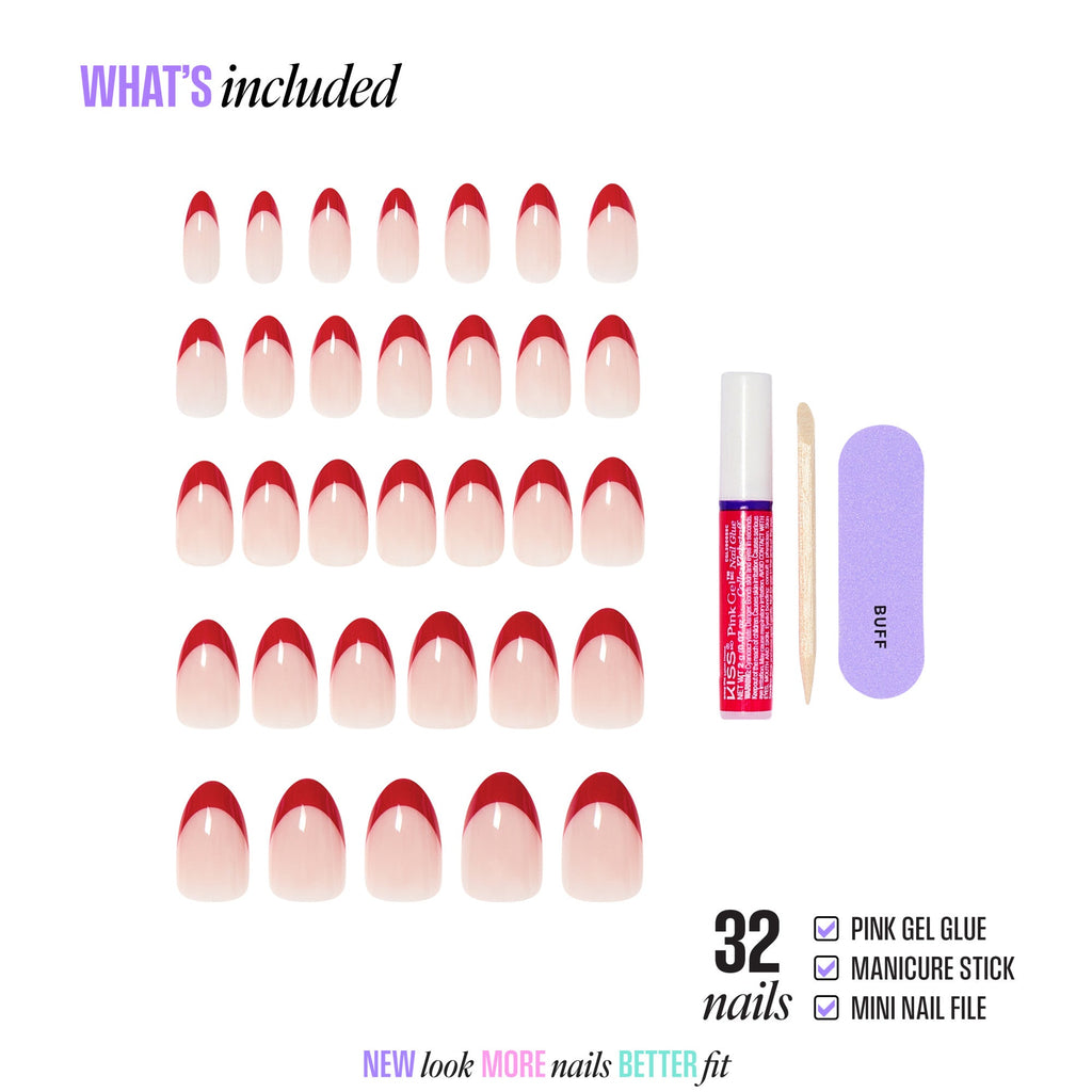 Kiss Core French Press On Fake Glue Nails - Optimistic | French Tips, Red, Medium, Almond official pack